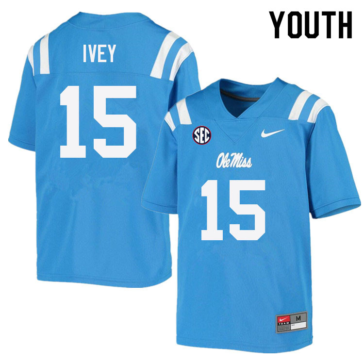 Jared Ivey Ole Miss Rebels NCAA Youth Powder Blue #15 Stitched Limited College Football Jersey DJV2158KM